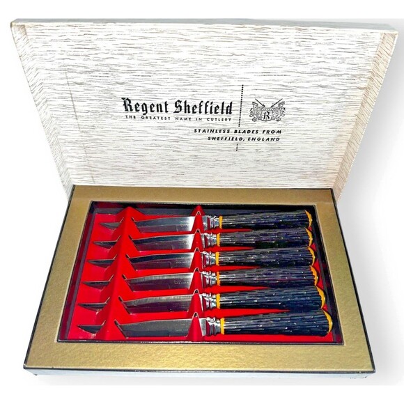 Regent Sheffield Stainless Steel Steak Forever Sharp Knives Faux Bone Boxed - Picture 1 of 16